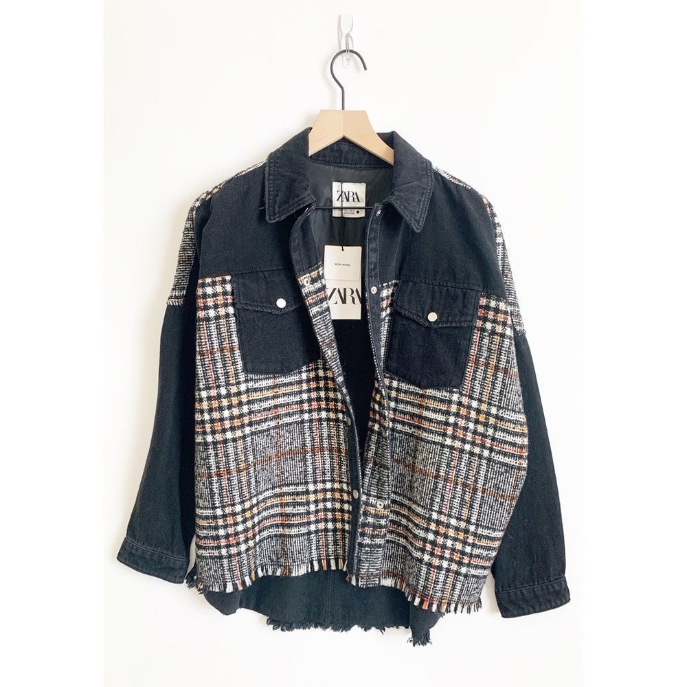 Zara Denim Oversized Jacket Fray Hem Snap Front Plaid Black Size S - Picture 3 of 9